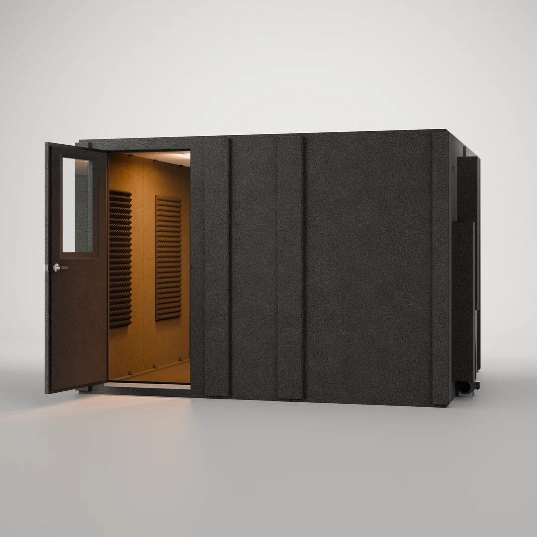 WhisperRoom MDL 96120 S 8' x 10' recording booth, close front angle with the door open on the foam-lined interior