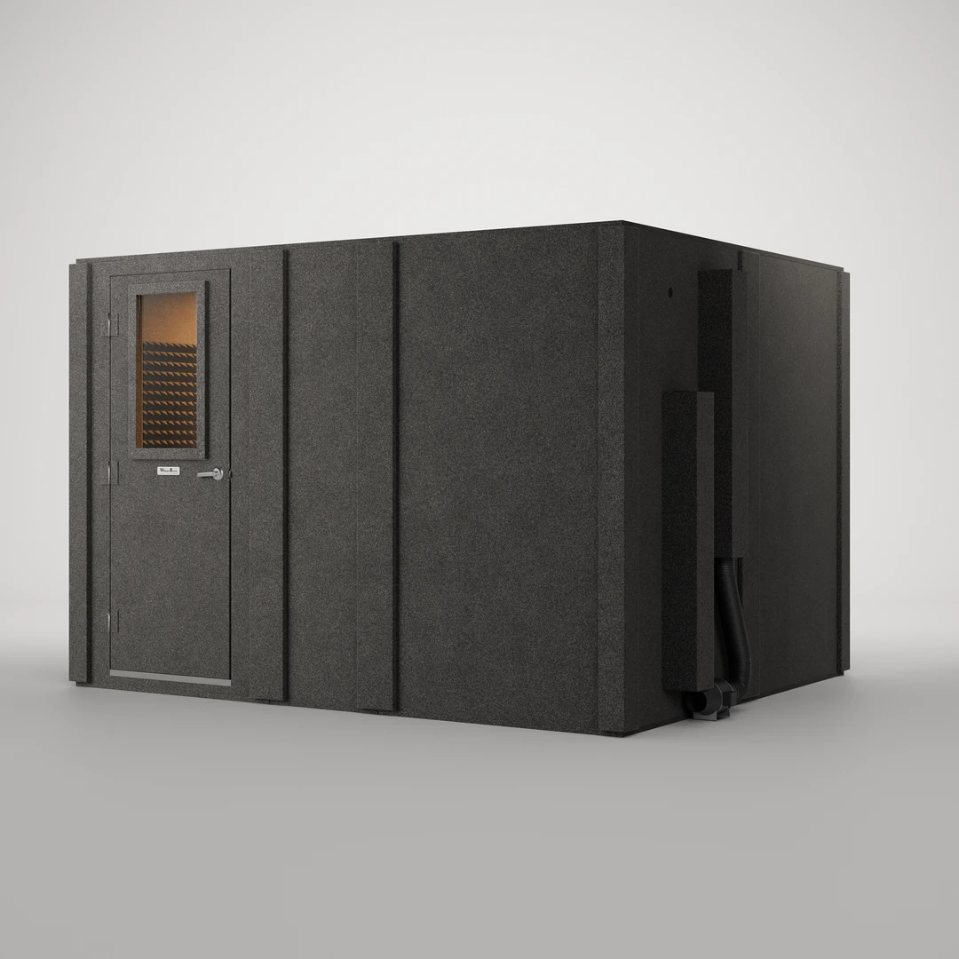 WhisperRoom MDL 96120 S closed: an 8' x 10' single-wall isolation booth photographed from the front corner