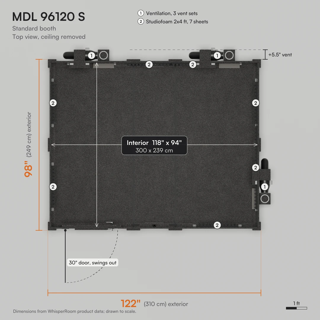 WhisperRoom MDL 96120 S practice room layout, ceiling removed: 122" x 98" exterior, 118" x 94" interior, 30" door