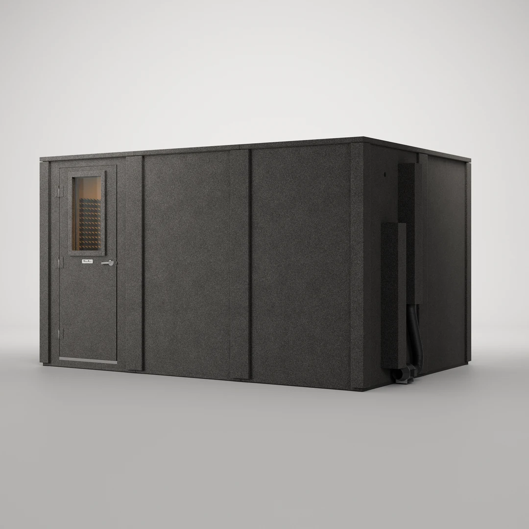 WhisperRoom MDL 96144 E 8' x 12' double-wall isolation booth, closed, three-quarter front view on a light gray backdrop