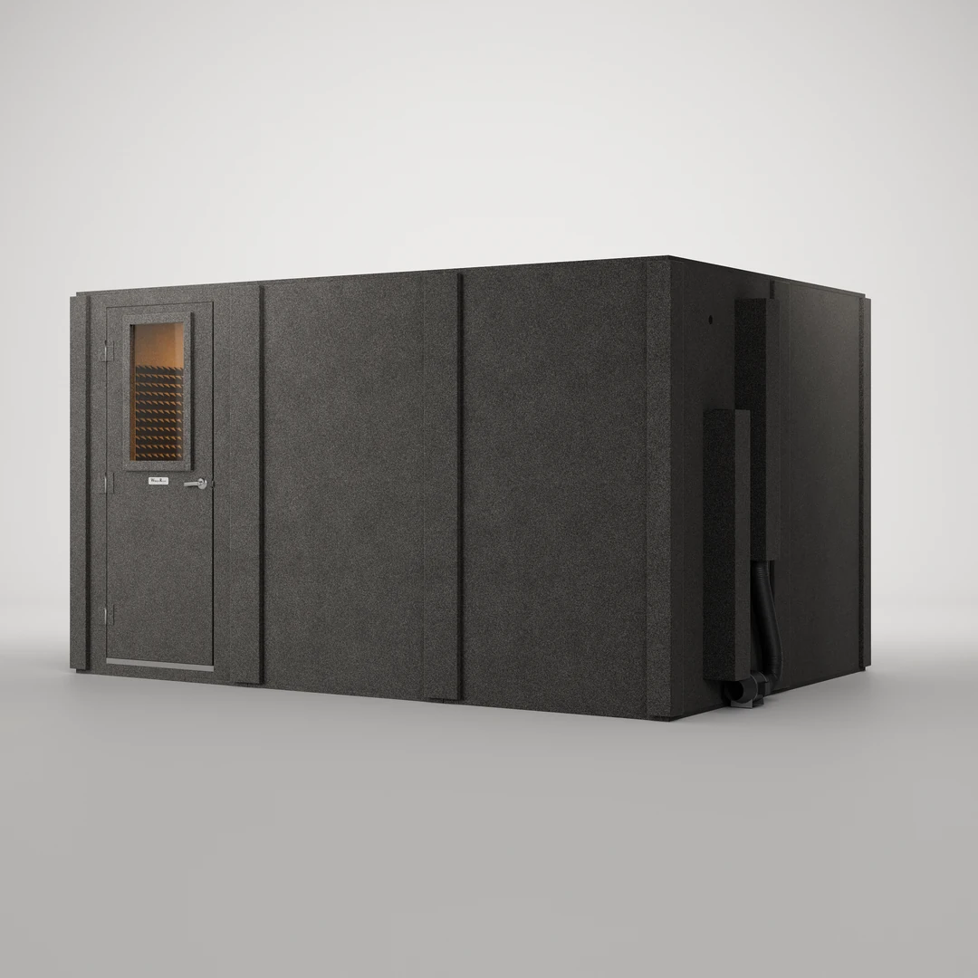 WhisperRoom MDL 96144 S, an 8' x 12' single-wall isolation booth with its door shut, seen from the front at an angle