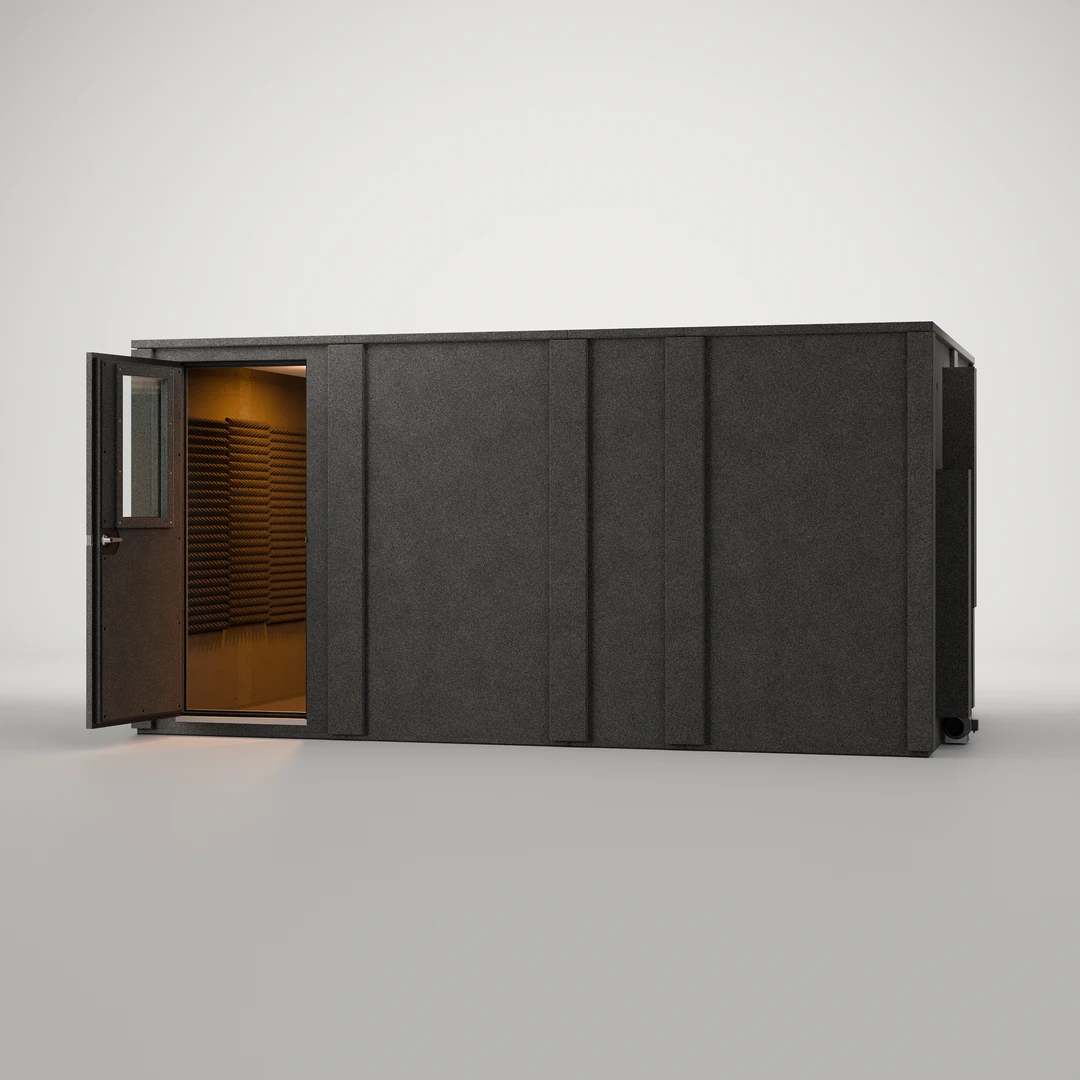 WhisperRoom MDL 96168 E, a front view through the open 30" door into this 161.5" x 89.5" recording booth