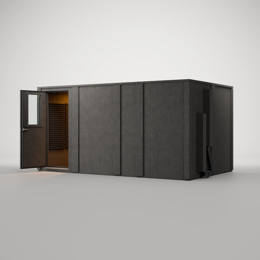 WhisperRoom MDL 96168 E double-wall sound booth, open three-quarter view into the lit, foam-lined interior