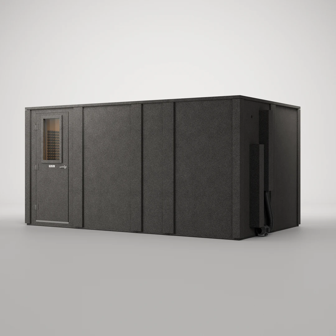 WhisperRoom MDL 96168 E isolation booth in double-wall construction, door closed, charcoal exterior at a three-quarter view