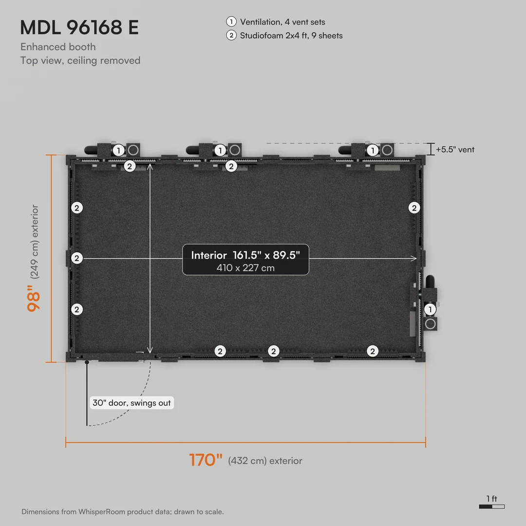WhisperRoom MDL 96168 E top view drawn to scale, a 170" x 98" practice room with a 161.5" x 89.5" interior and vent callouts
