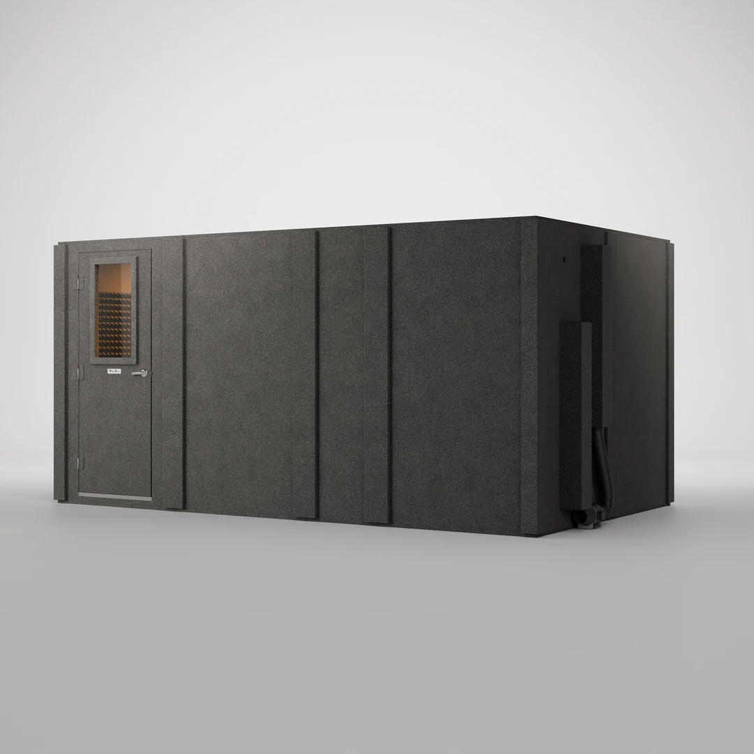 WhisperRoom MDL 96168 S closed: an 8' x 14' single-wall isolation booth photographed from the front corner