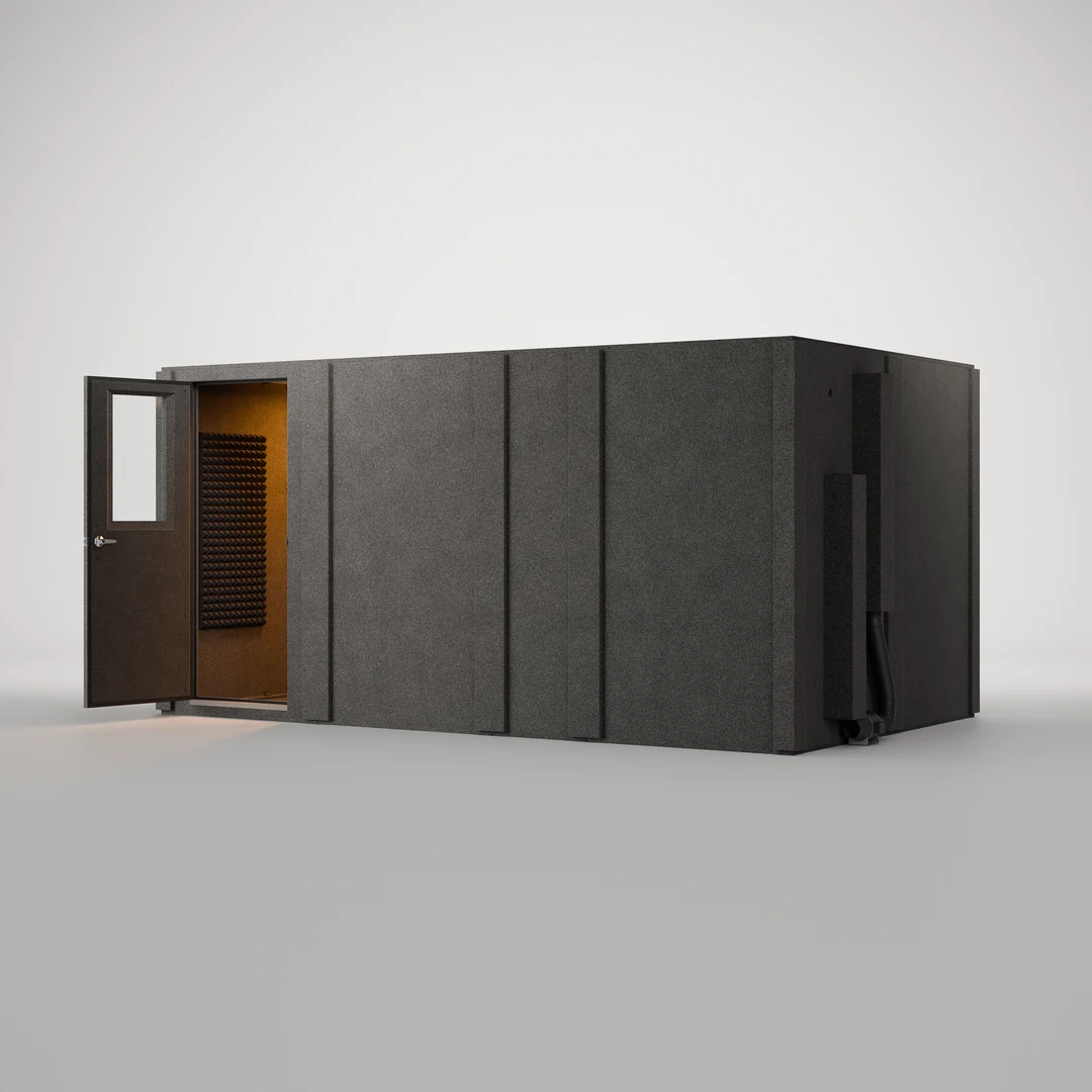 WhisperRoom MDL 96168 S sound booth with the 30" door open and the lit interior lined in Studiofoam