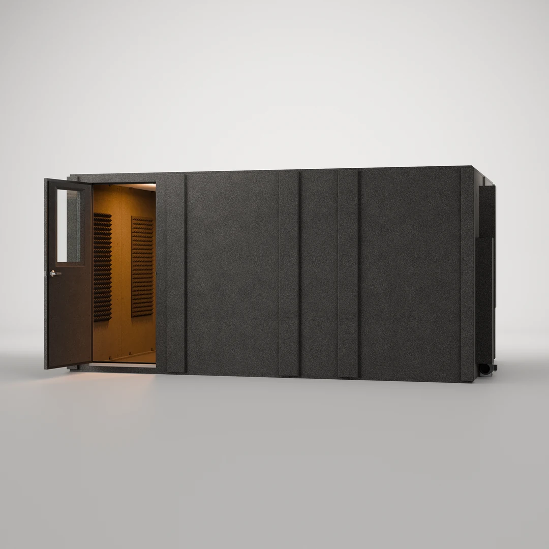 WhisperRoom MDL 96168 S 8' x 14' recording booth, close front angle with the door open on the foam-lined interior