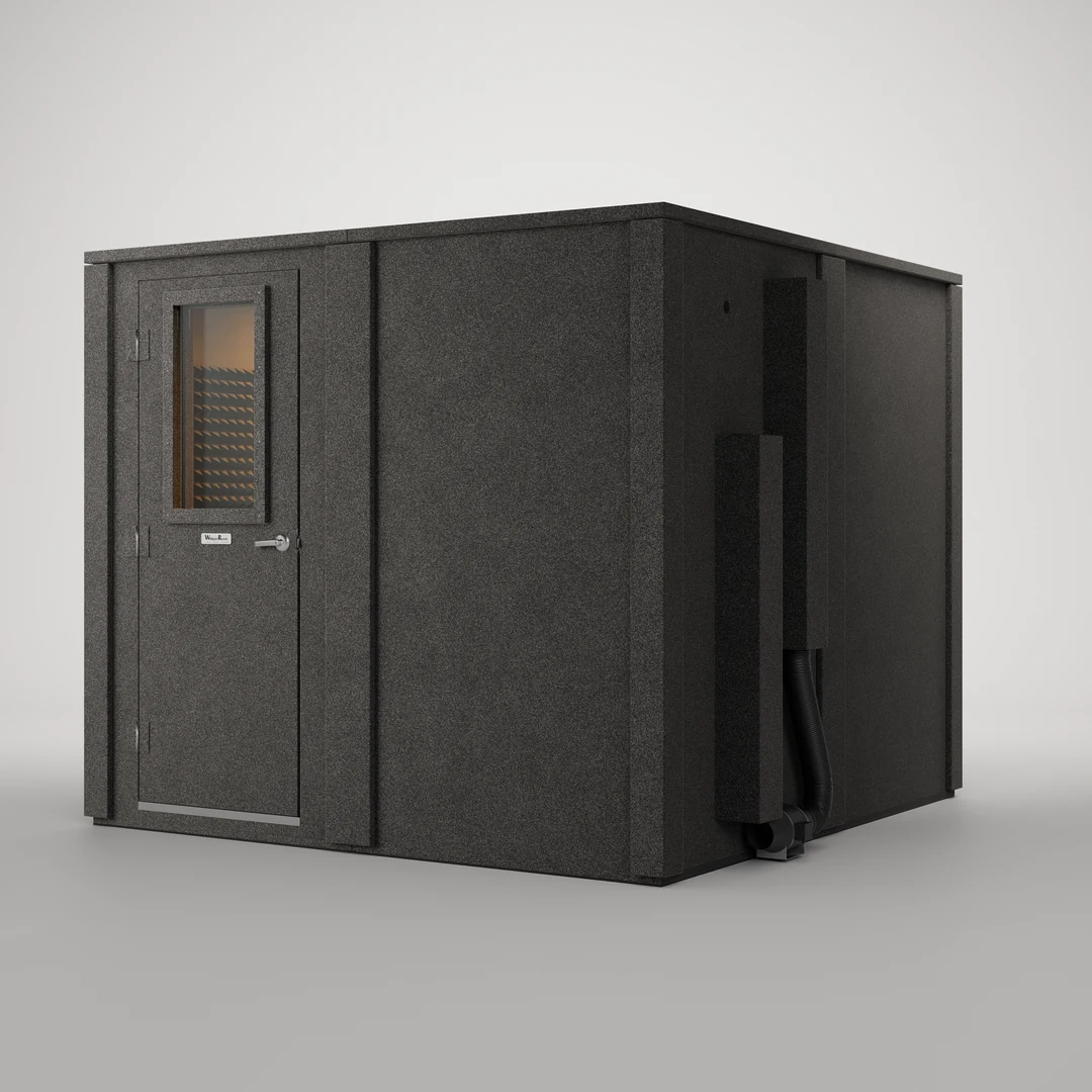 WhisperRoom MDL 9696 E isolation booth in double-wall construction, door closed, charcoal exterior at a three-quarter view
