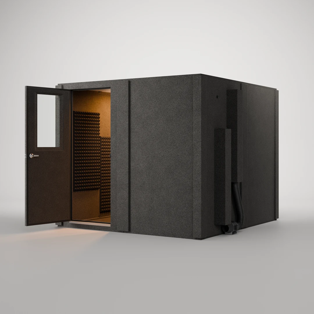 WhisperRoom MDL 9696 S sound booth with the 30" door open and the lit interior lined in Studiofoam