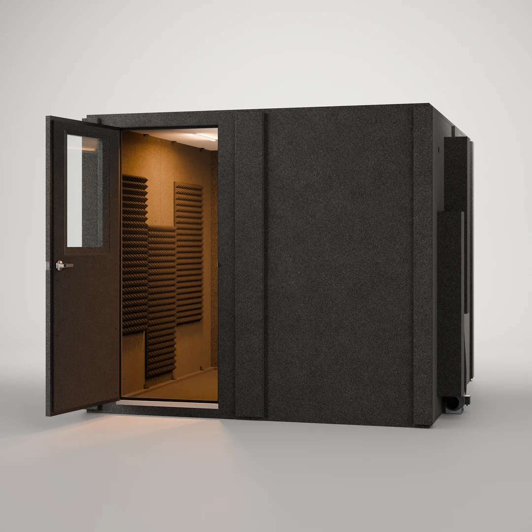 WhisperRoom MDL 9696 S 8' x 8' recording booth, close front angle with the door open on the foam-lined interior