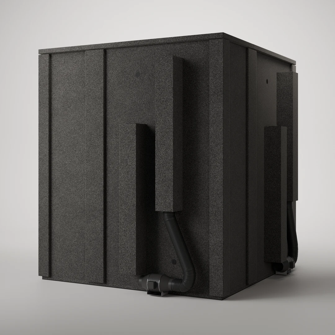 Practice Deluxe music practice booth from the rear, a vent duct running down the back of the double wall