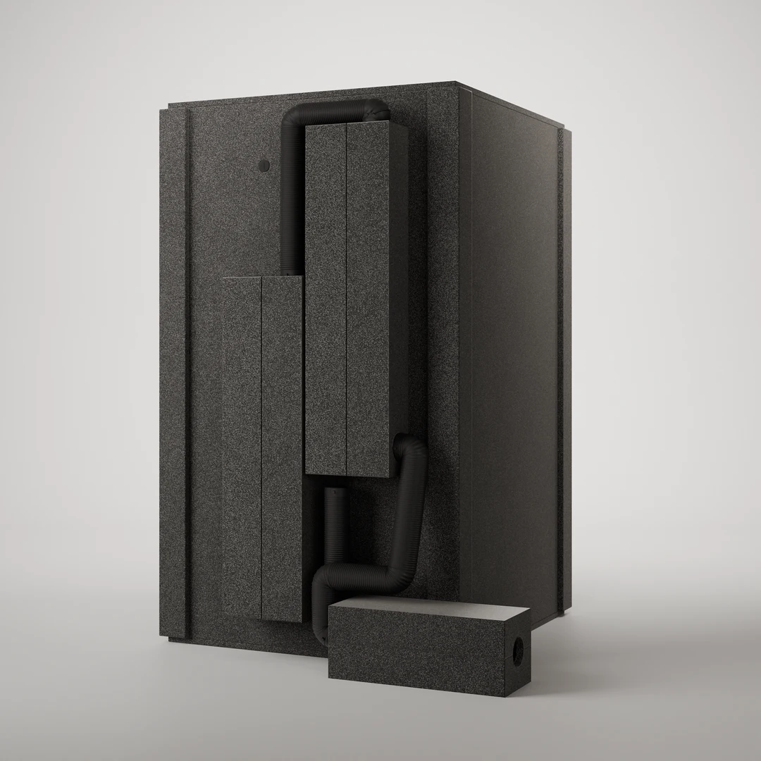 Rear of the Voice Over Basic recording booth showing the vent silencer and a free-standing exterior fan silencer box