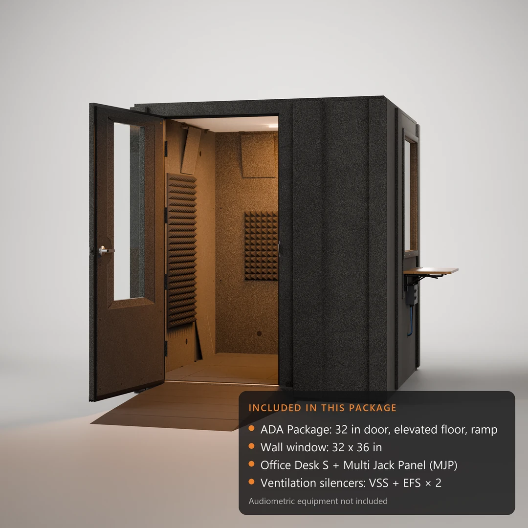 Audiology Deluxe audiology booth, 32" door open above the ramp, showing the foam-lined interior, wall window and jack panel