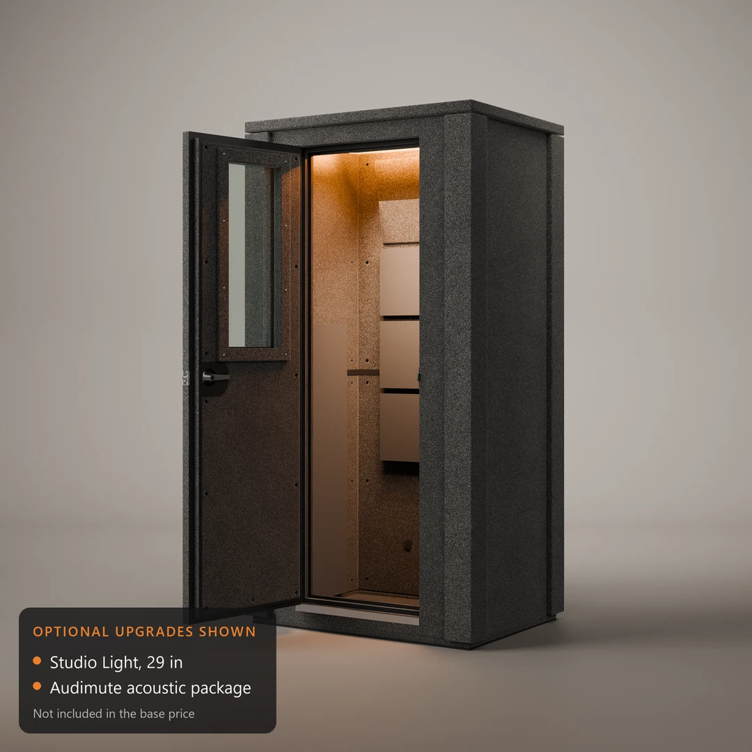WhisperRoom MDL 4230 E recording booth with optional upgrades shown: a Studio Light and Audimute panels