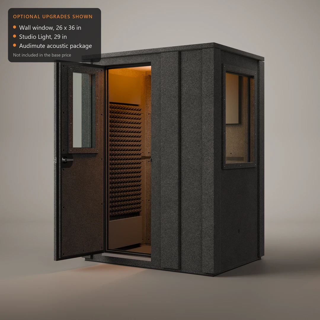 WhisperRoom MDL 4260 E sound booth with optional upgrades shown: a wall window, a Studio Light and Audimute panels