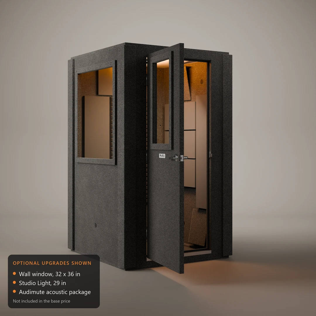 WhisperRoom MDL 4848 S single-wall voice over booth shown with an add-on wall window, a Studio Light and Audimute panels