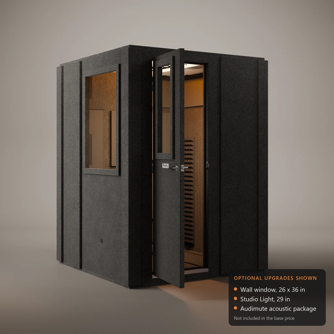 WhisperRoom MDL 6060 S with optional upgrades: a wall window, a Studio Light and Audimute panels on this isolation booth