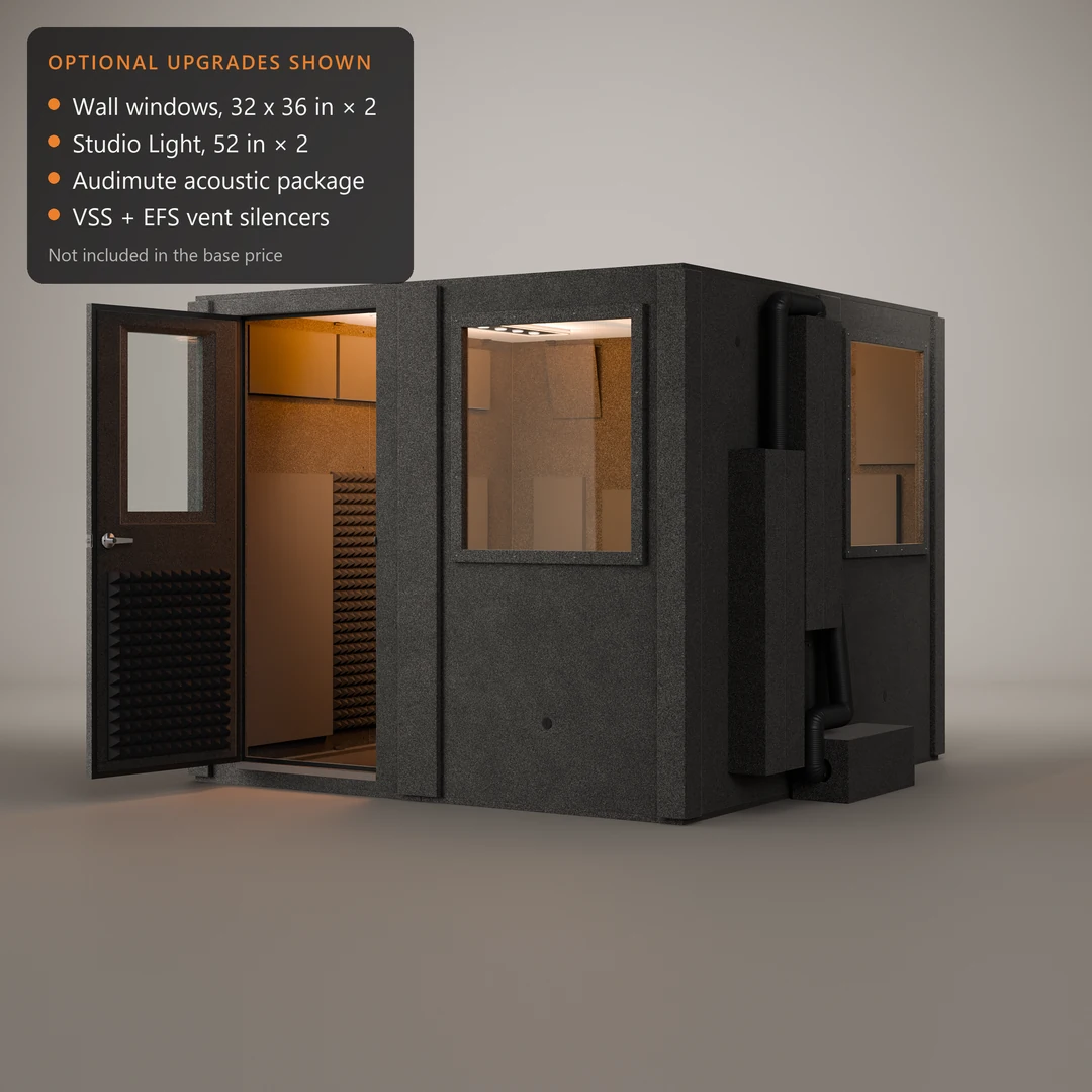 WhisperRoom MDL 9696 S single-wall drum booth shown with add-on two wall windows, two Studio Lights, Audimute panels and vent silencers