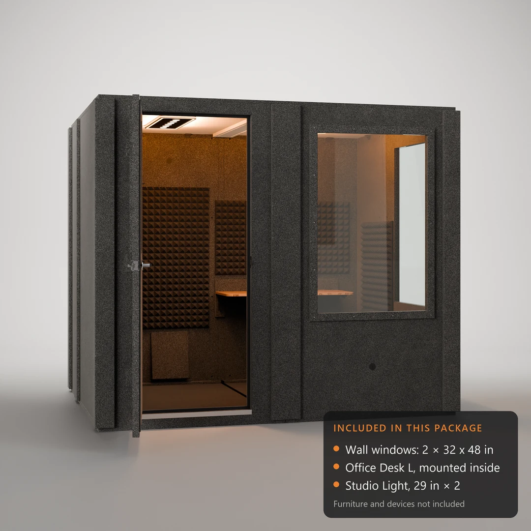 Meeting pod by WhisperRoom, door open, with two 32" x 48" wall windows, a 42" mounted desk and two Studio Lights