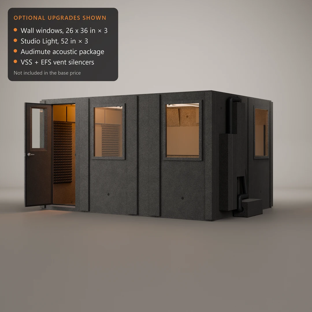 WhisperRoom MDL 102144 S with optional upgrades: three wall windows, three Studio Lights and vent silencers on this drum booth