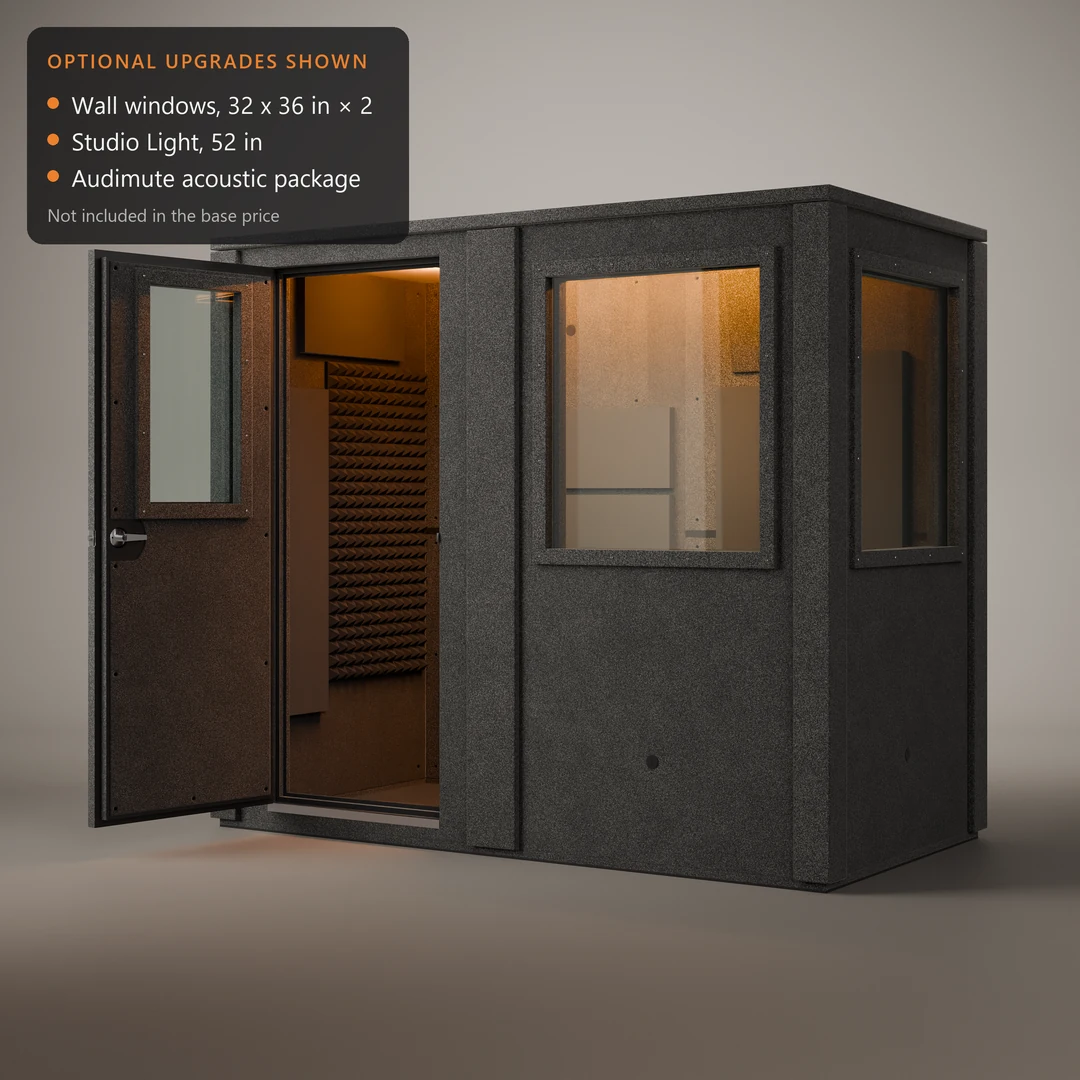WhisperRoom MDL 4896 E vocal booth with optional upgrades shown: two wall windows, a Studio Light and Audimute panels