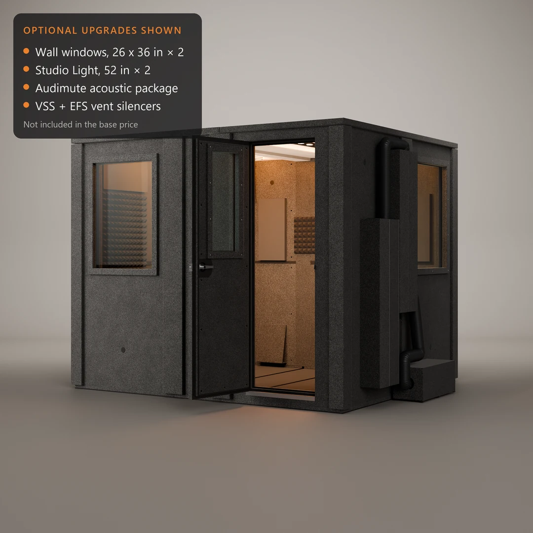 WhisperRoom MDL 84102 E double-wall drum booth shown with add-on two wall windows, two Studio Lights and vent silencers