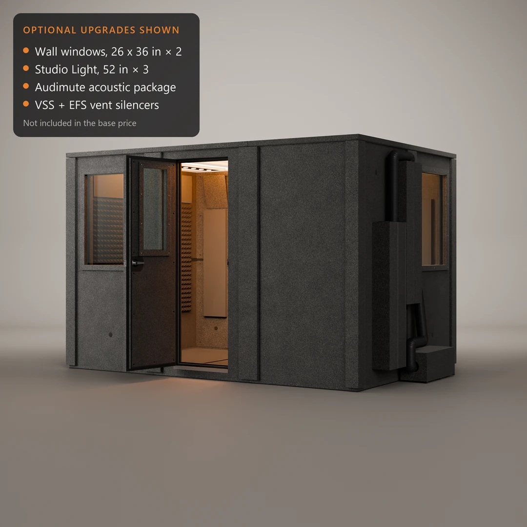 WhisperRoom MDL 84126 E drum booth with optional upgrades shown: two wall windows, three Studio Lights and vent silencers
