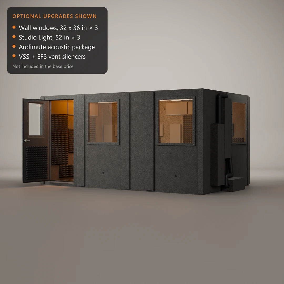 WhisperRoom MDL 96168 S single-wall drum booth shown with add-on three wall windows, three Studio Lights and vent silencers