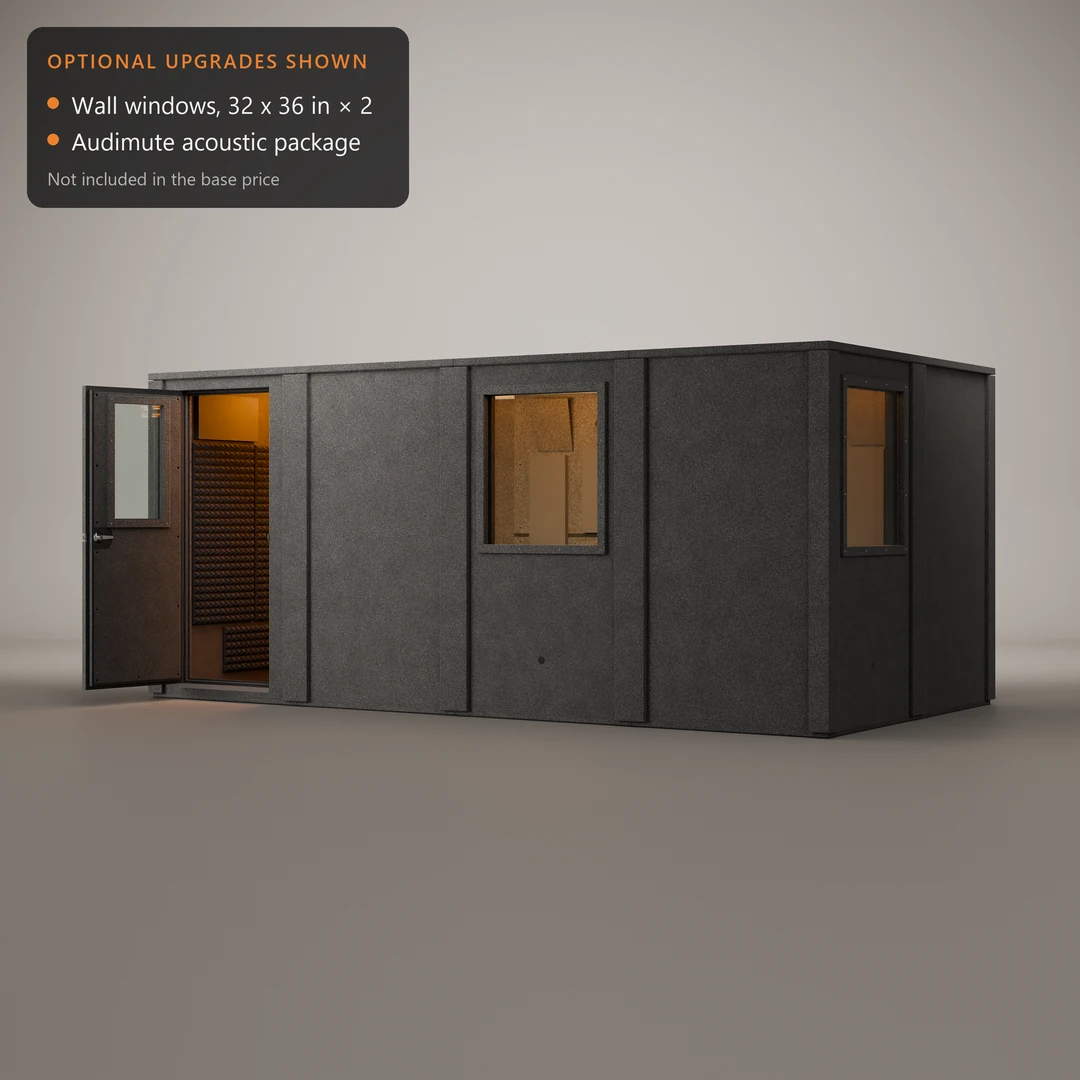 WhisperRoom MDL 96192 E double-wall drum booth shown with add-on two wall windows and Audimute panels