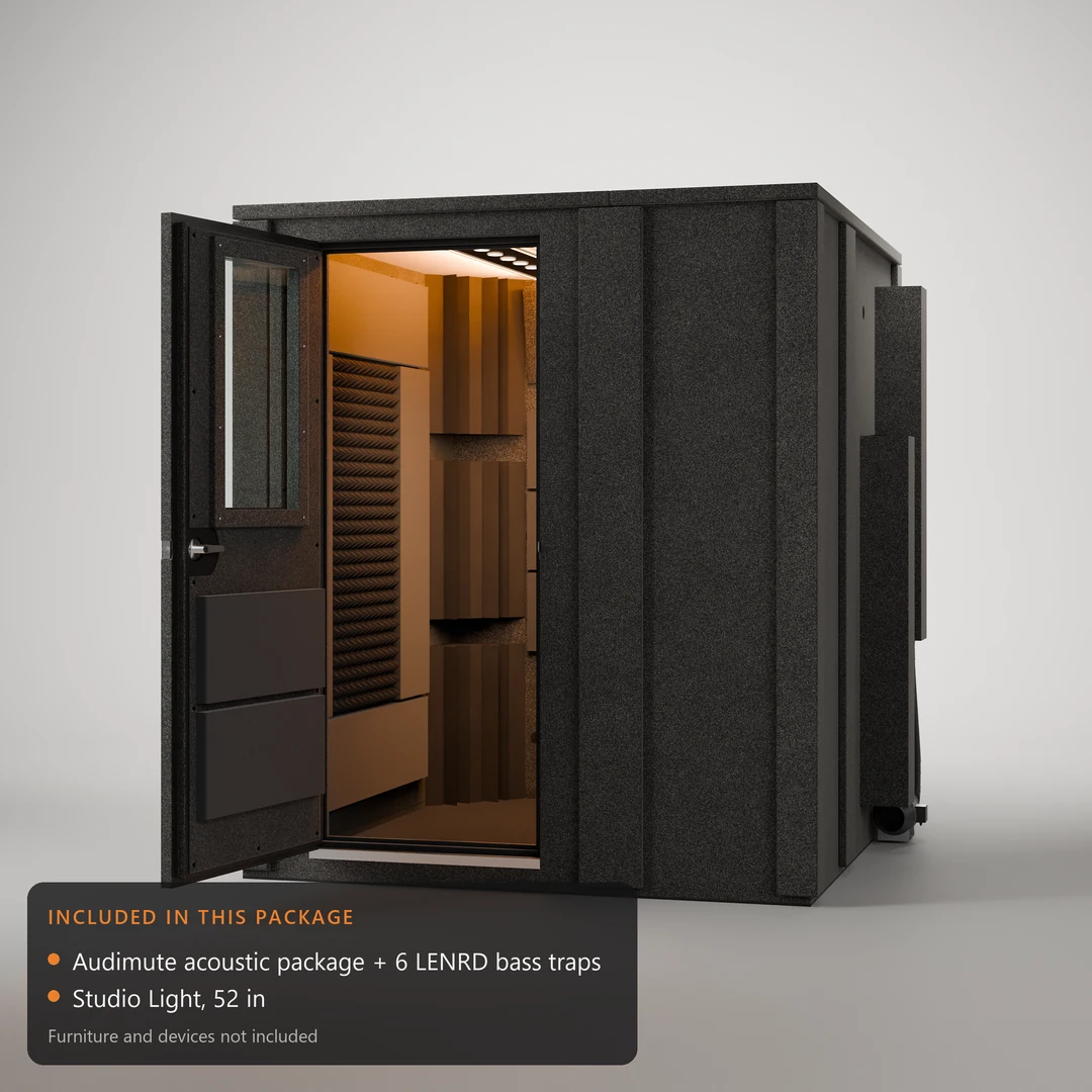 Practice Deluxe sound booth, door open, with Audimute panels, six bass traps and a Studio Light for instrument practice