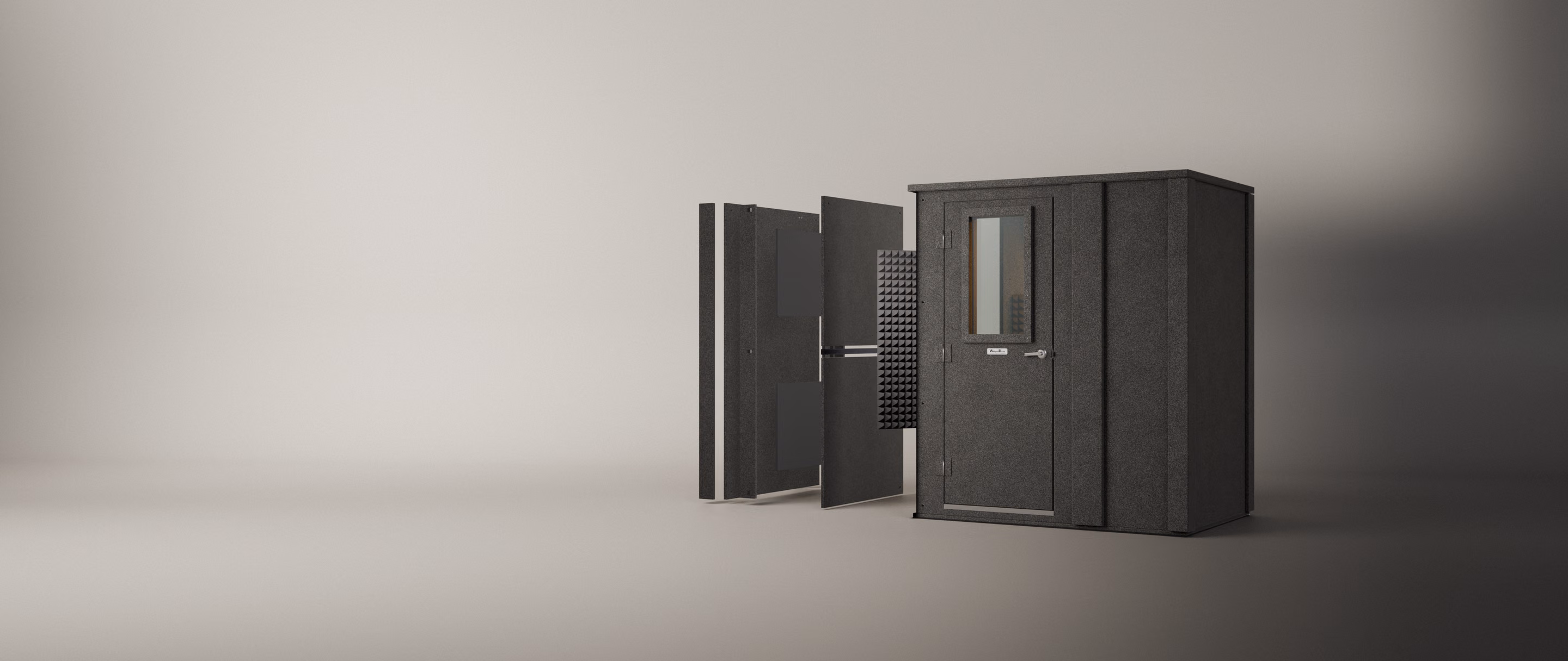 WhisperRoom Enhanced double-wall sound isolation booth, one wall pulled out in layers: acoustic foam, inner panel, foam tiles and outer panel