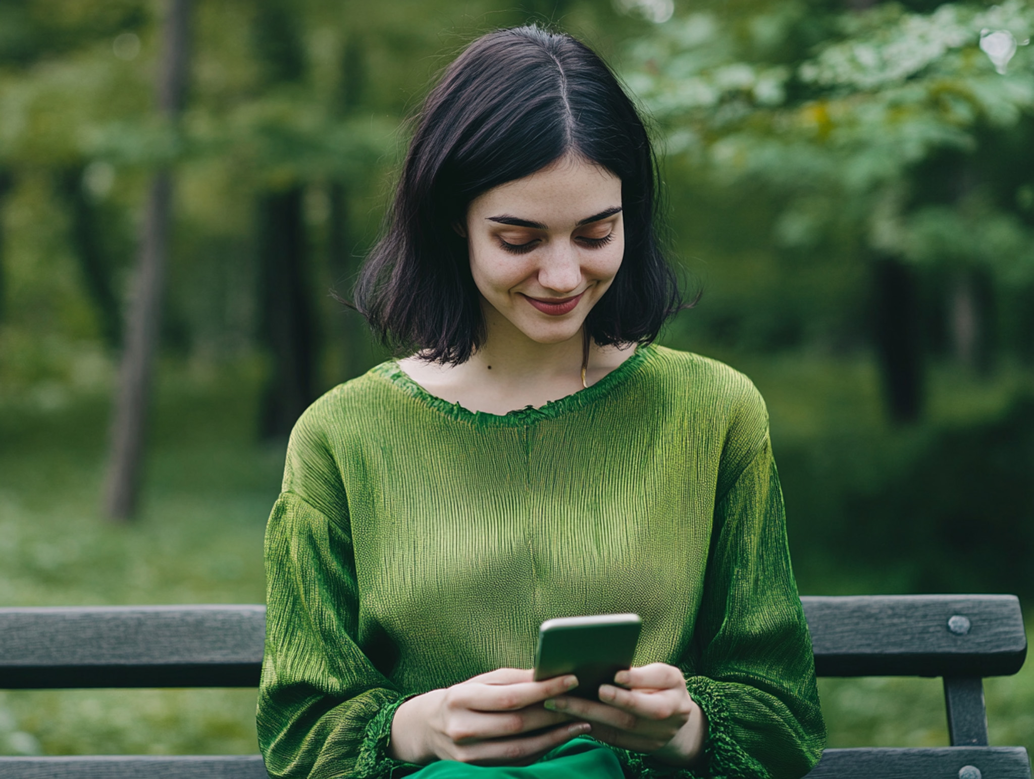 Woman on a bench in the park typing on her smartphone