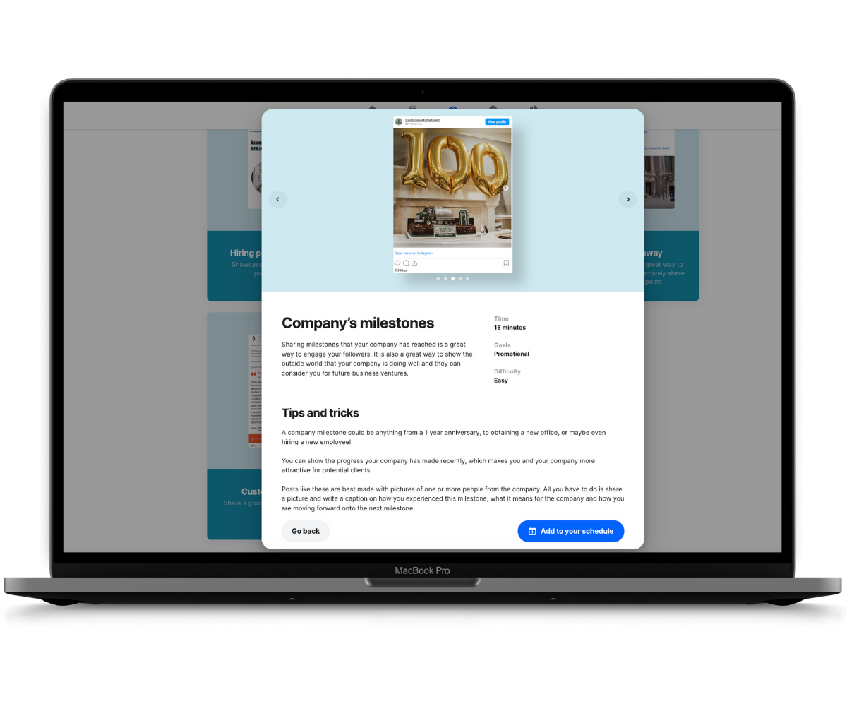 Laptop screen shows a company milestones post with tips on engaging followers, highlighting a photo with gold balloons shaped 100.