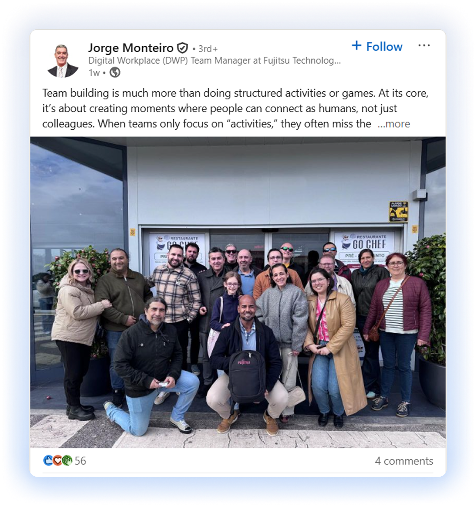 Social media post about a team building with a team photo