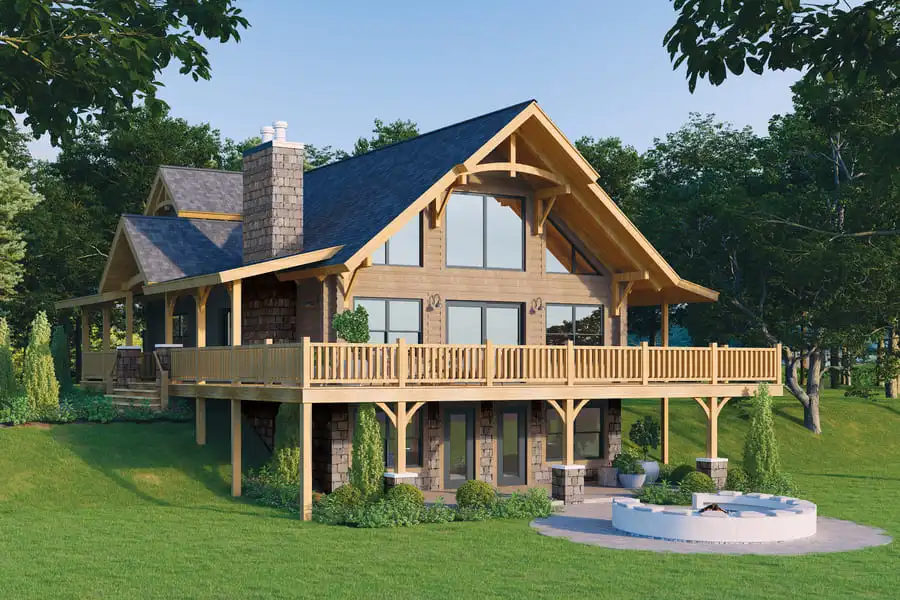 Exterior view of The Hochstetler Log Home featuring wraparound porch, large windows, timber frame details, and natural log construction surrounded by greenery.
