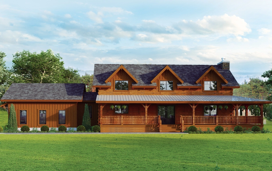 Farmhouse log home exterior by Hochstetler Log Homes showcasing a two-story timber design with dormer windows and a full wraparound porch.