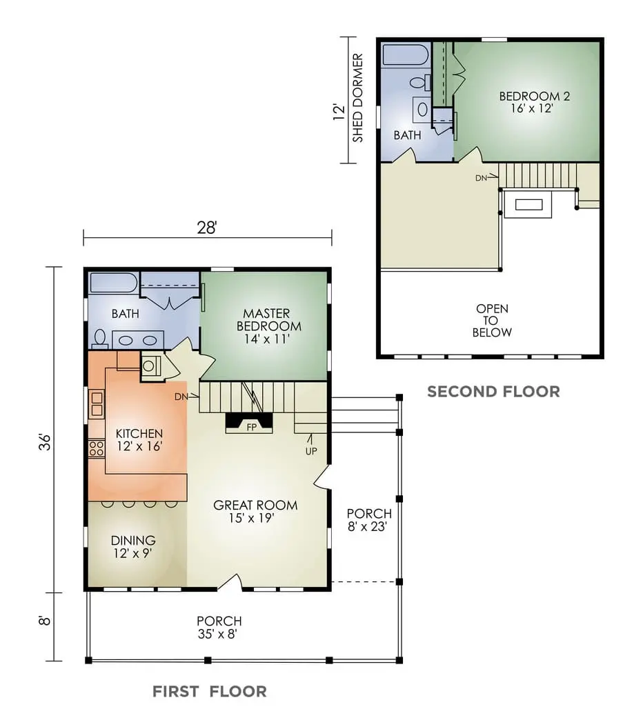 Chalet log home floor plan by Hochstetler Log Homes showing two bedrooms, two bathrooms, great room, kitchen, and wraparound porch.
