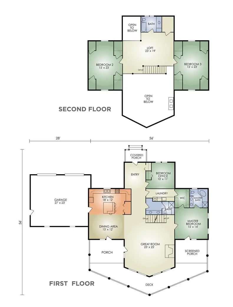 Floor plan layout of the Clear Fork log home by Hochstetler Log Homes, featuring an open-concept great room, master suite, loft, three bedrooms, and wraparound porch.