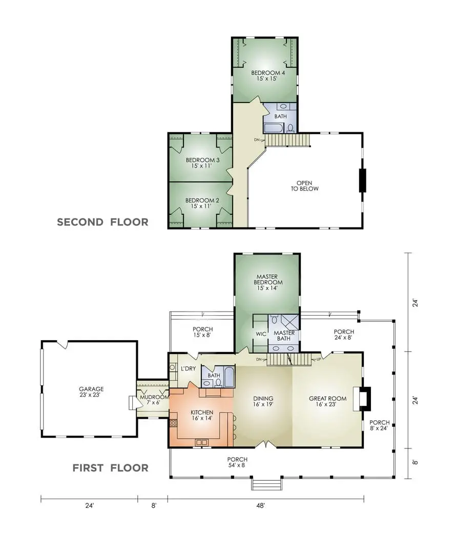 Farmhouse log home floor plan by Hochstetler Log Homes featuring four bedrooms, three baths, great room, kitchen, dining area, and wraparound porch.