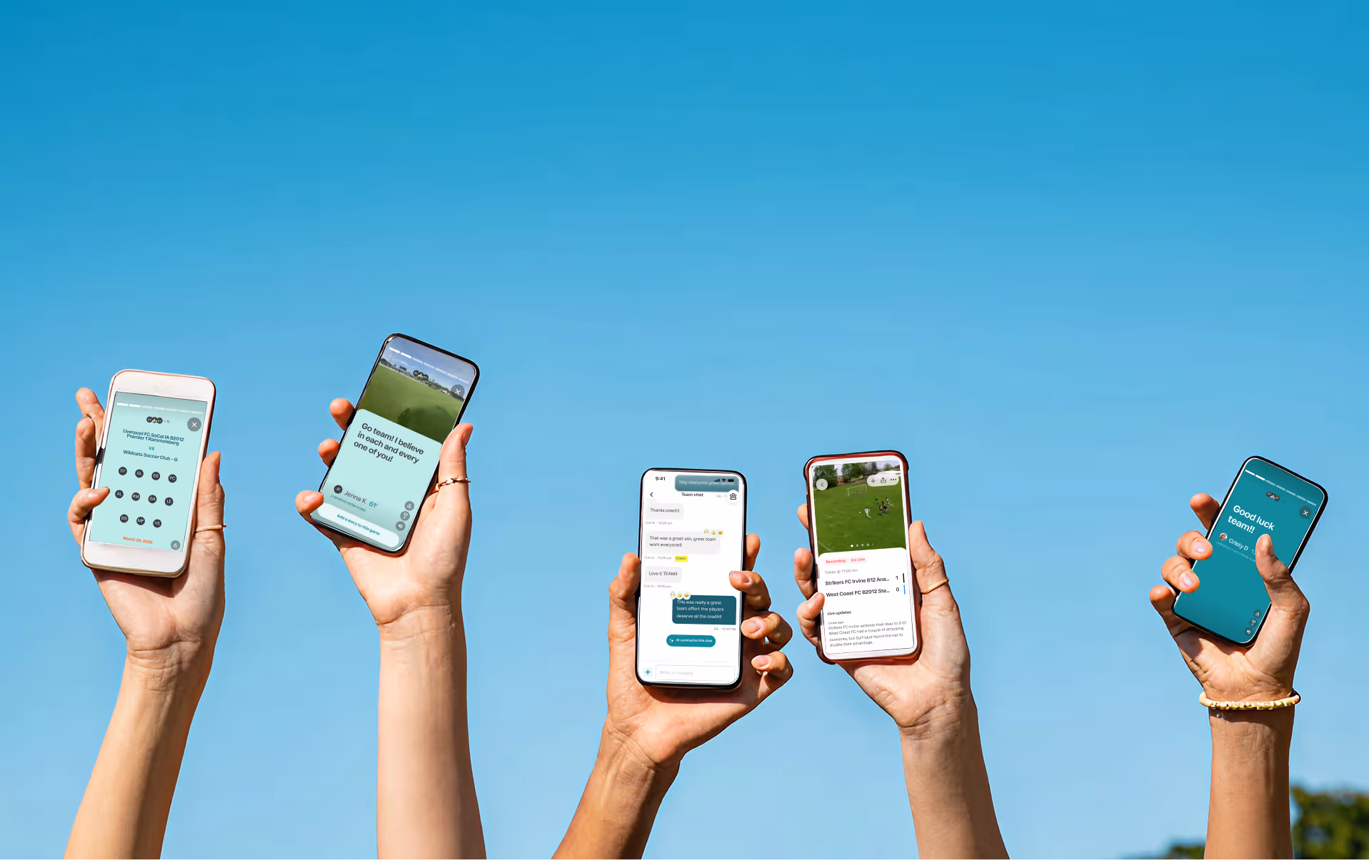 Five hands holding smartphones displaying soccer app screens against a clear blue sky.