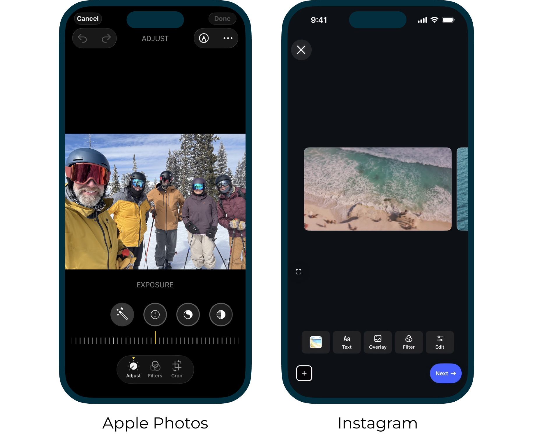 Apple Photos and Instagram mobile editing screens used as pattern inspiration