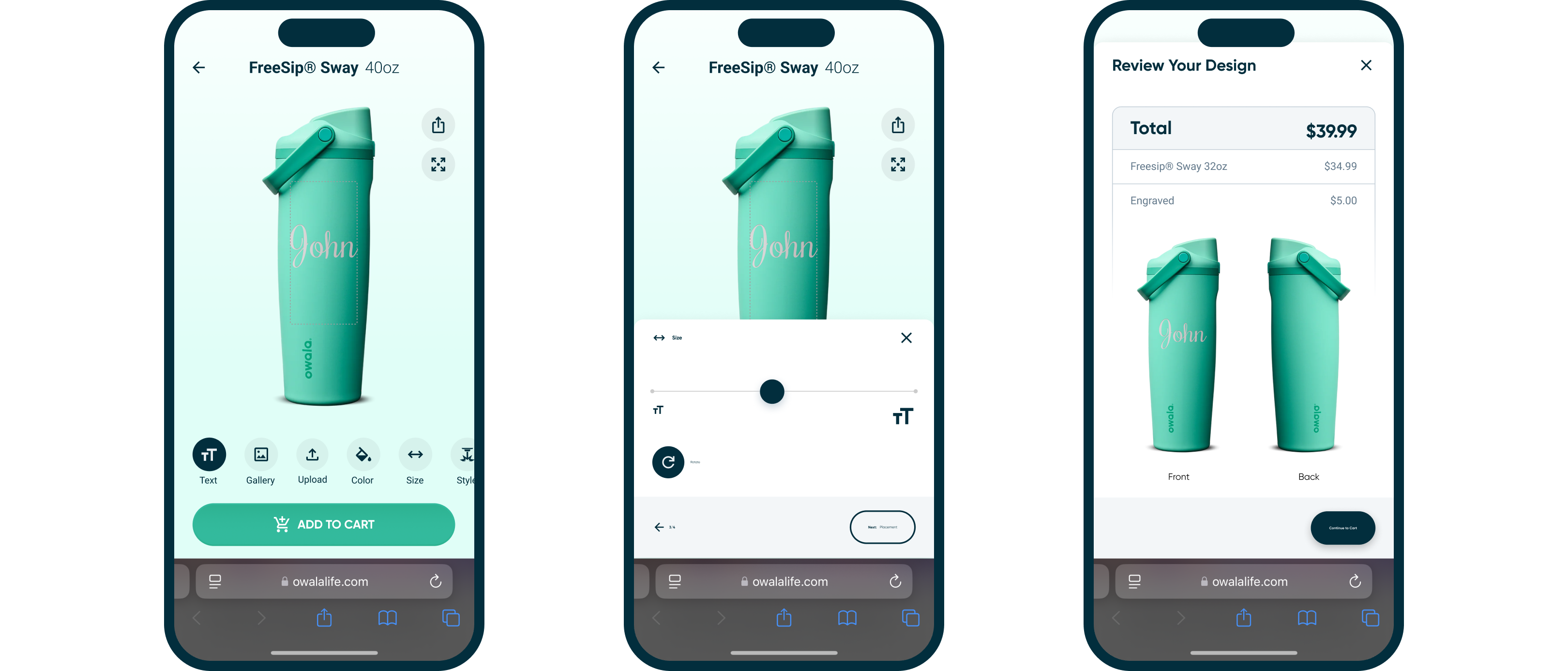 Final Owala customizer screens: editor, bottom sheet controls and design review