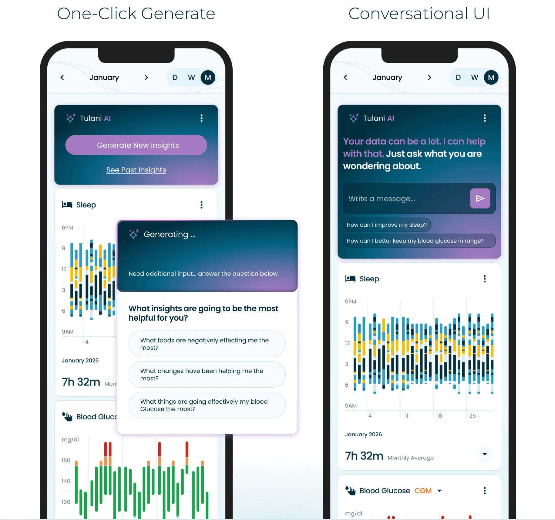 Side-by-side comparison of one-click generation and a conversational UI