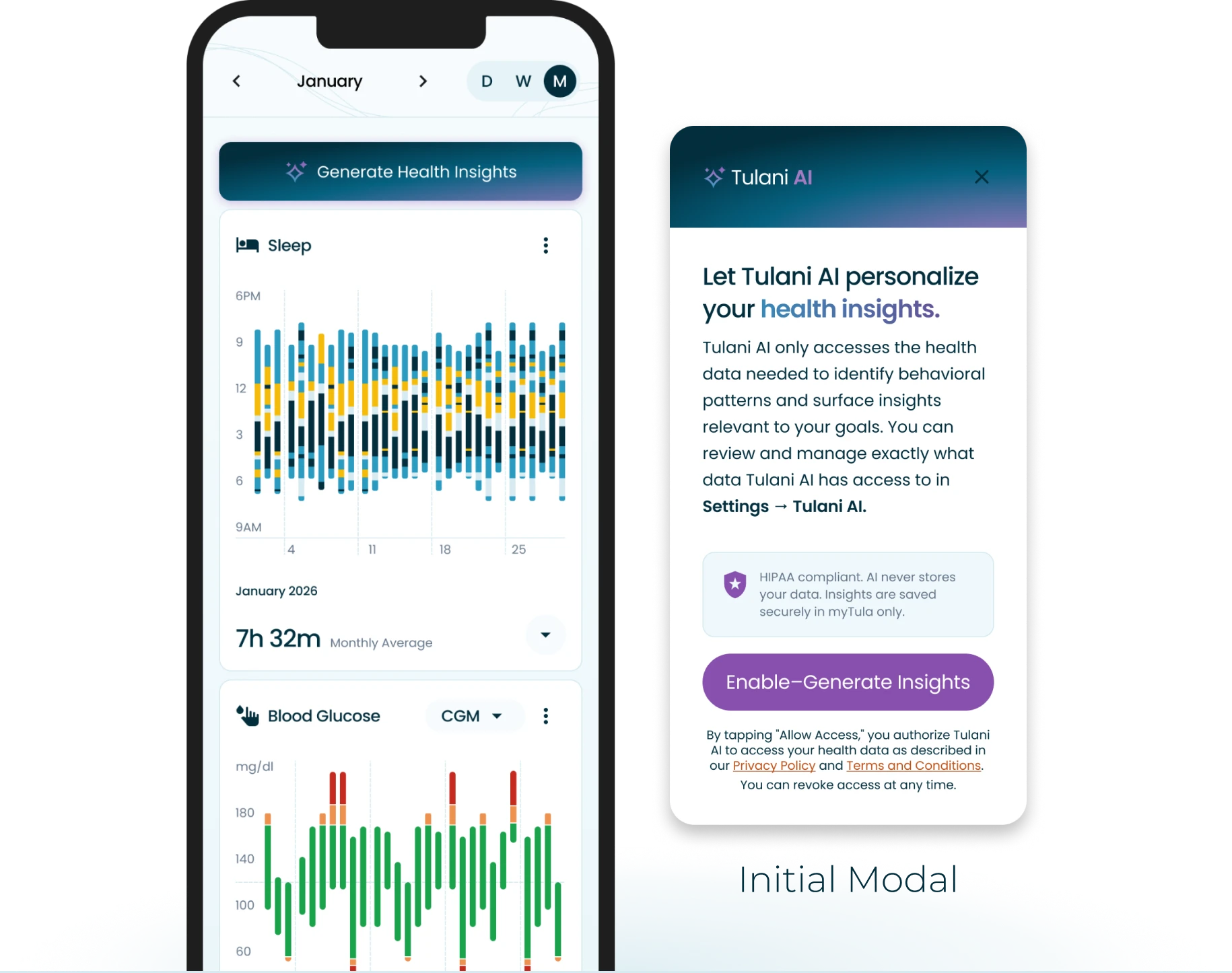 Tulani AI opt-in modal explaining what data is accessed, with HIPAA note and enable button
