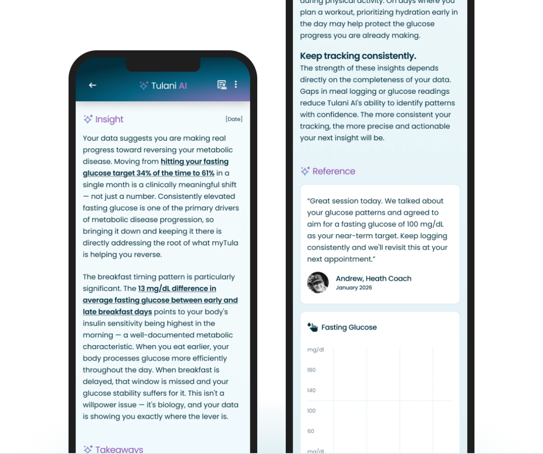 An insight with highlighted takeaways and a references section citing a health coach note and fasting glucose data