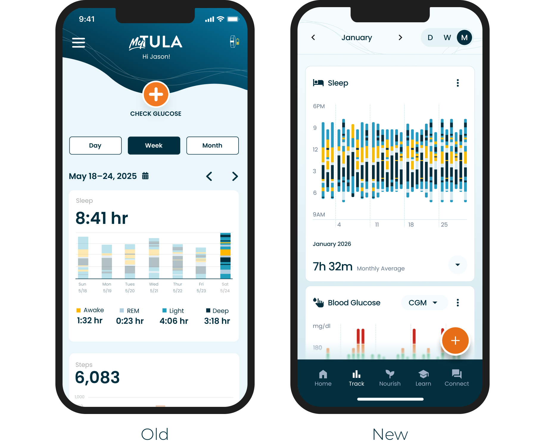 Old and new sleep and glucose tracking screens from the visual redesign