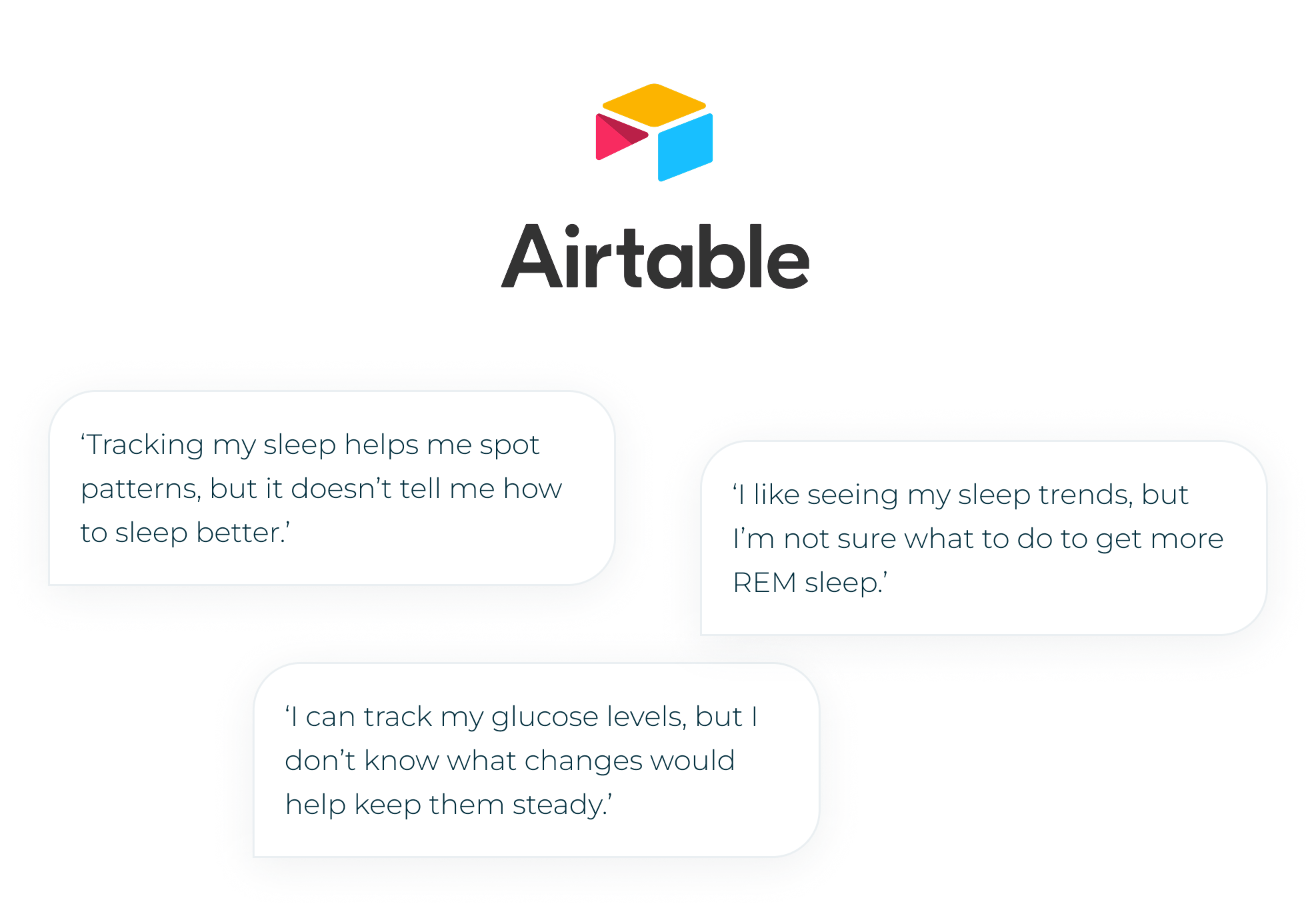 Airtable synthesis with member quotes: tracking sleep shows patterns but not how to sleep better; tracking glucose does not show what changes keep it steady; sleep trends do not explain how to get more REM sleep