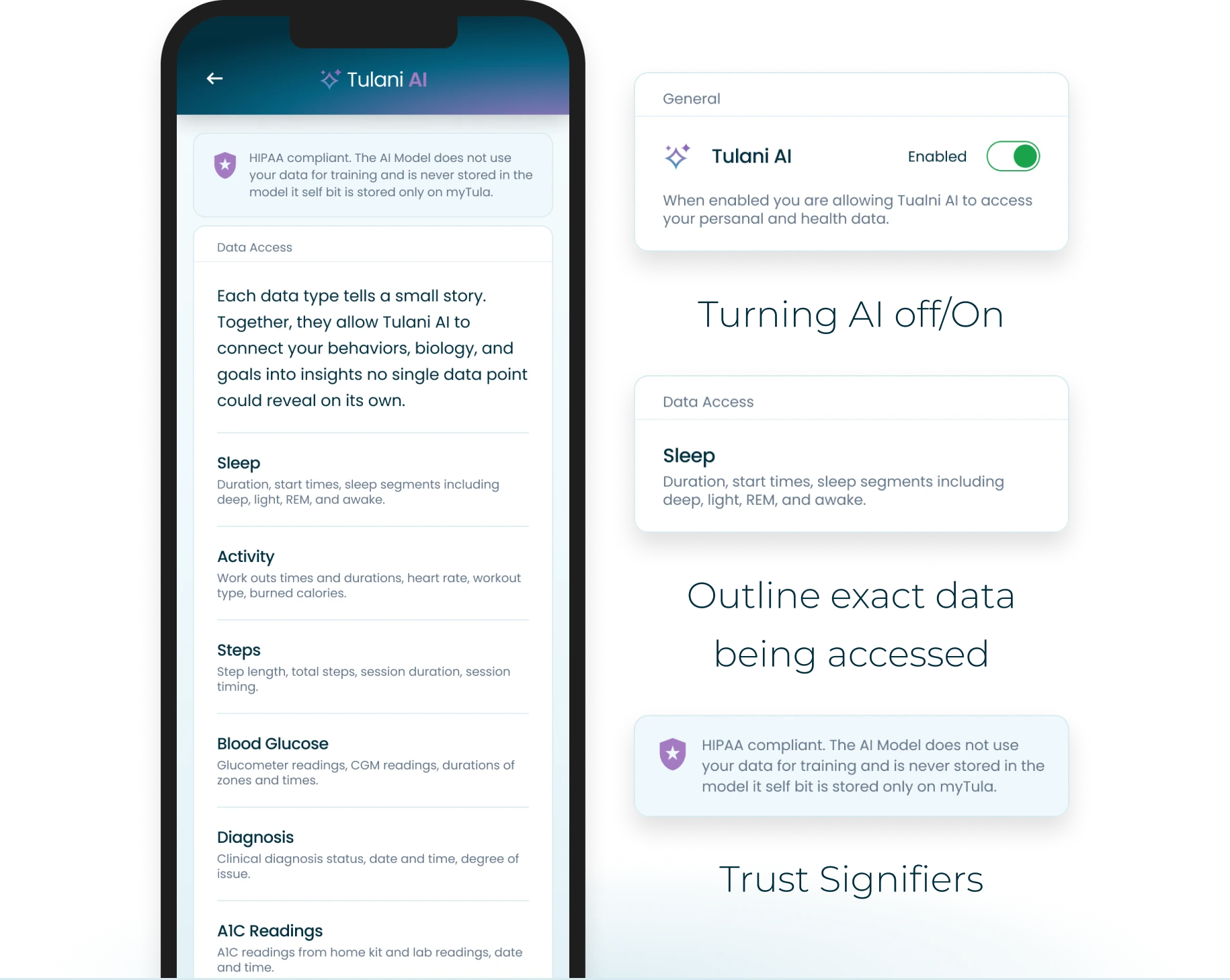 Settings for turning Tulani AI on or off, the exact data being accessed, and trust signifiers