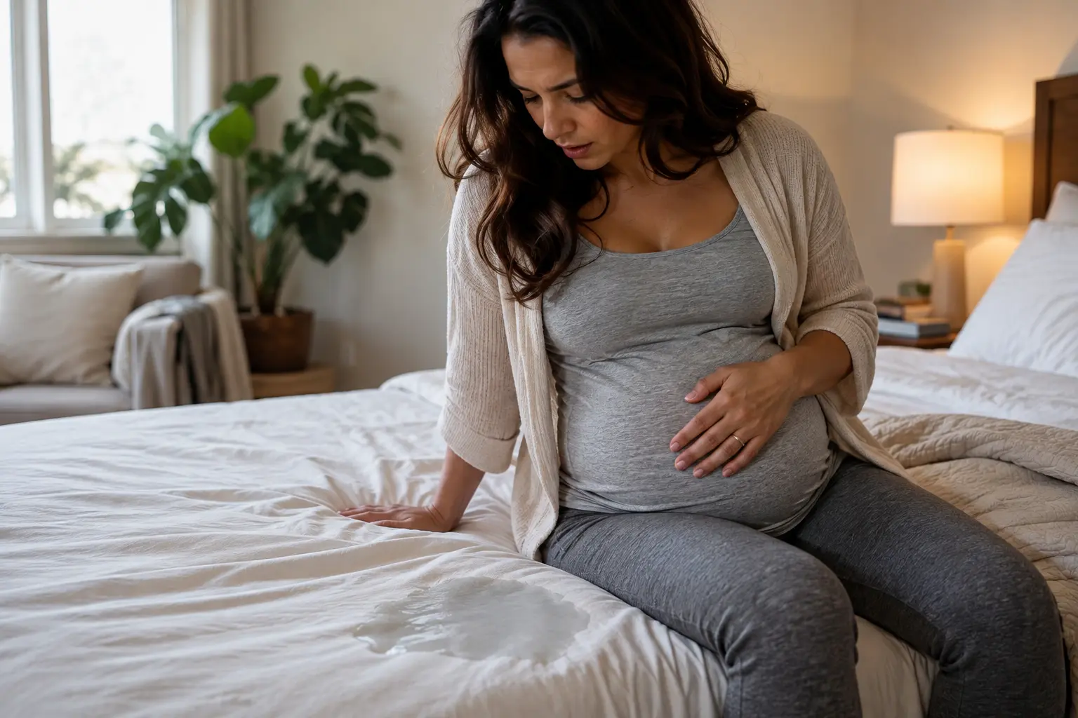 Pregnant woman sitting on the edge of her bed looking at a damp spot on the sheet beside her